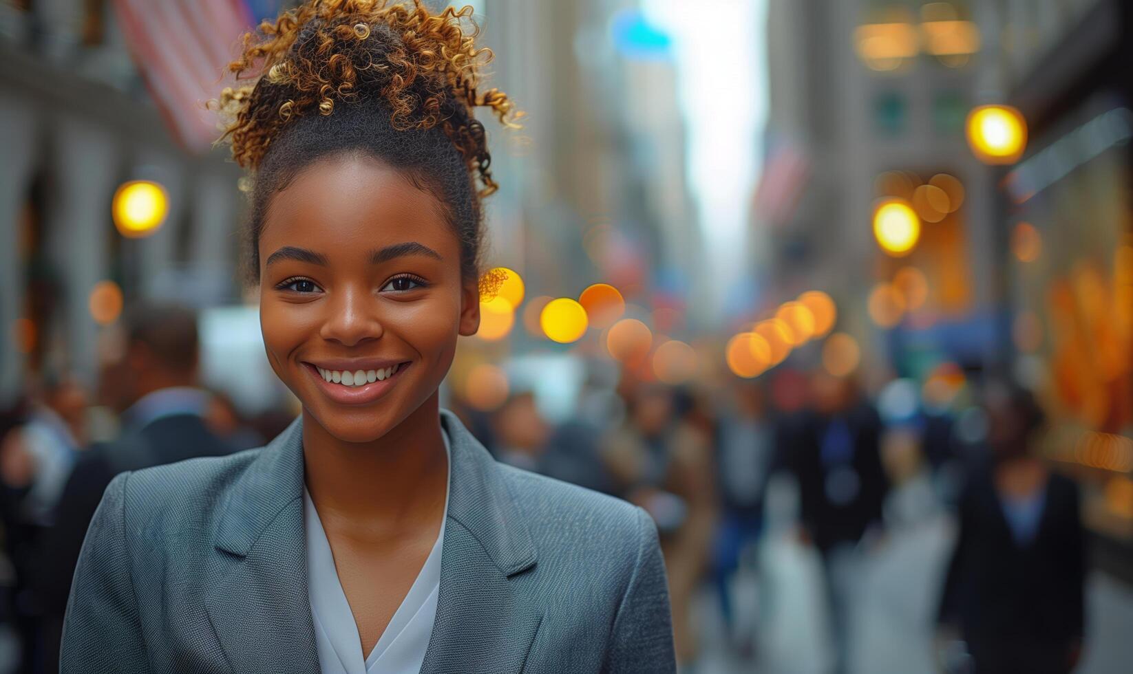 African American businesswoman in suit going to work among crowd of busy people in urban city skyscrapers photo