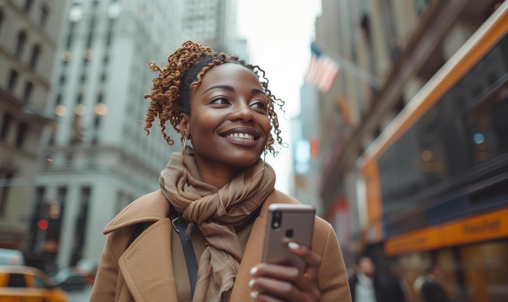 Portrait of happy African American woman holding smartphone on urban streets photo