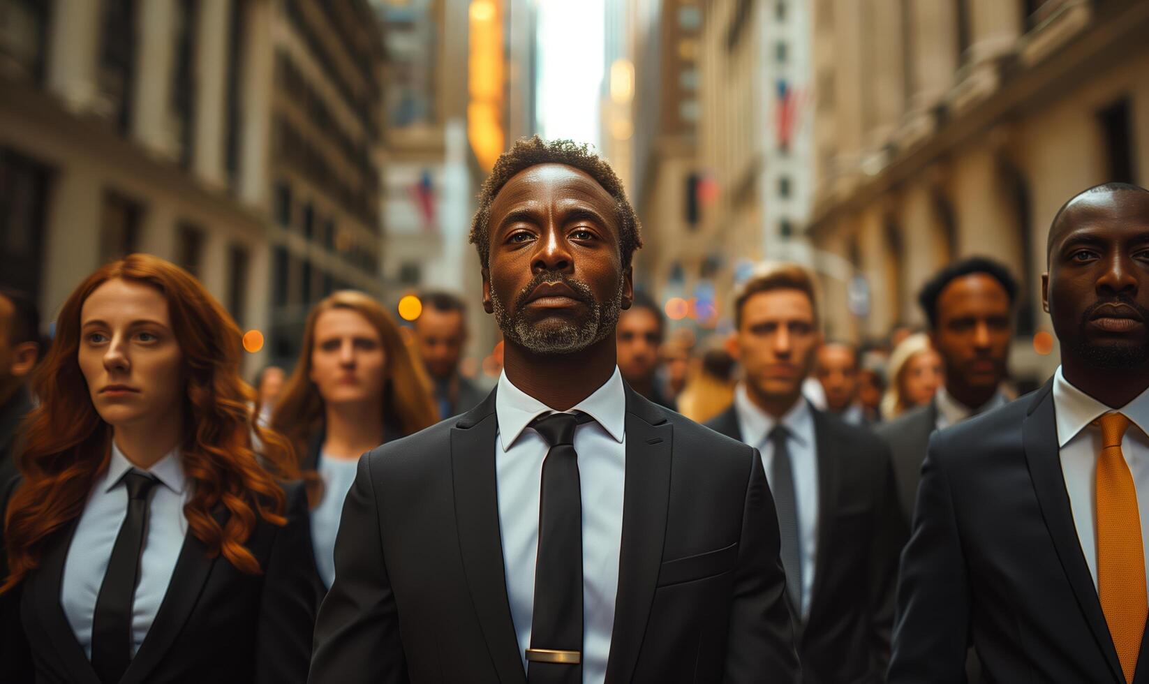 A team of interracial business people in suits walking among business buildings in urban city photo