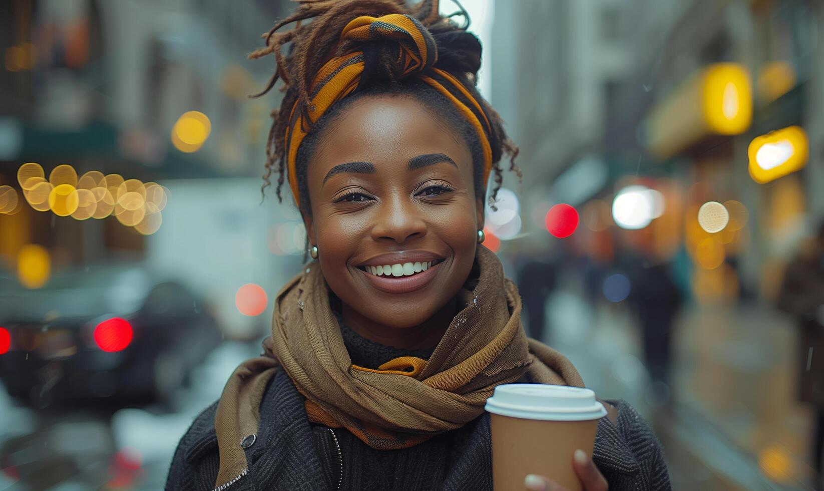 Portrait of happy African American woman holding cup of coffee on urban street photo