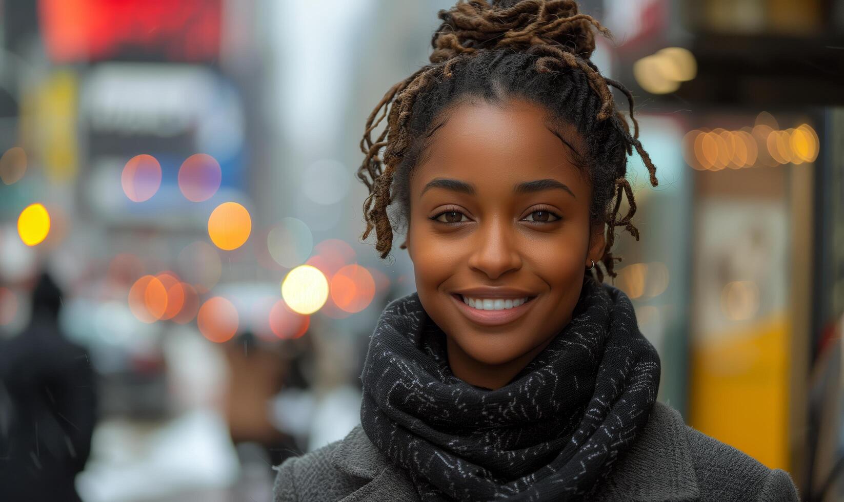 Portrait of a happy African American woman smiling on urban streets photo