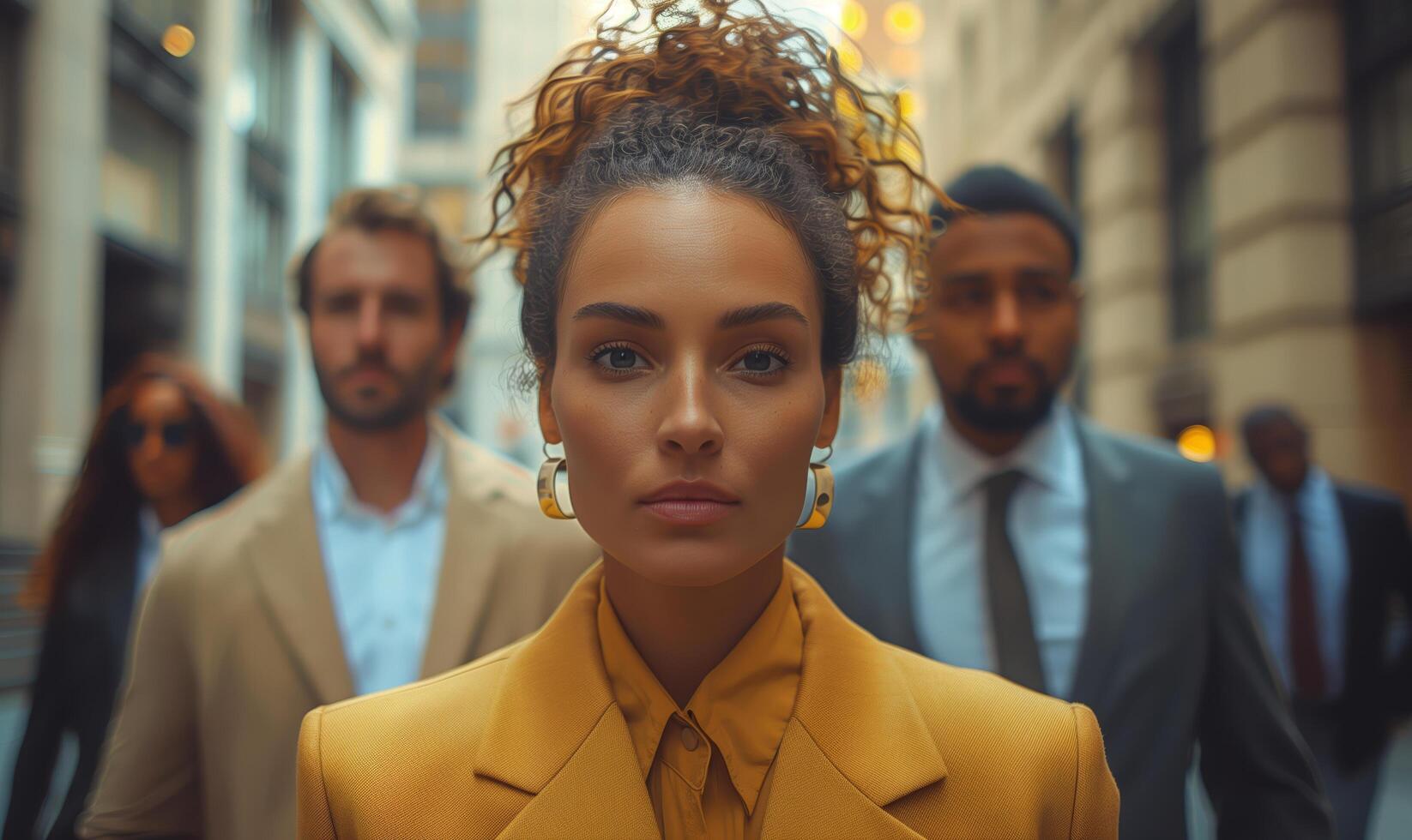 A team of interracial people going to work in a modern urban city among skyscrapers photo