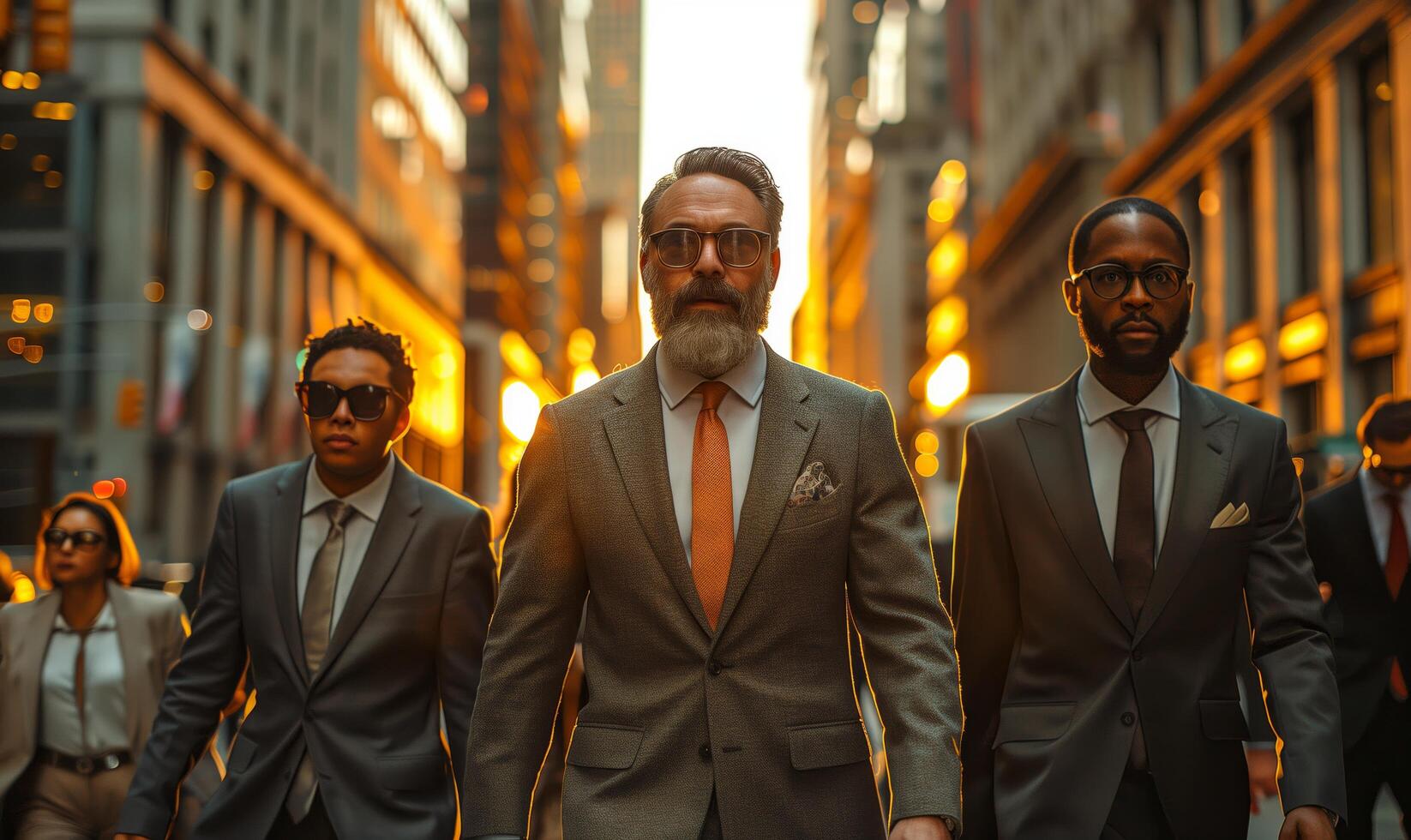A team of interracial business people in suits walking among business buildings in urban city photo