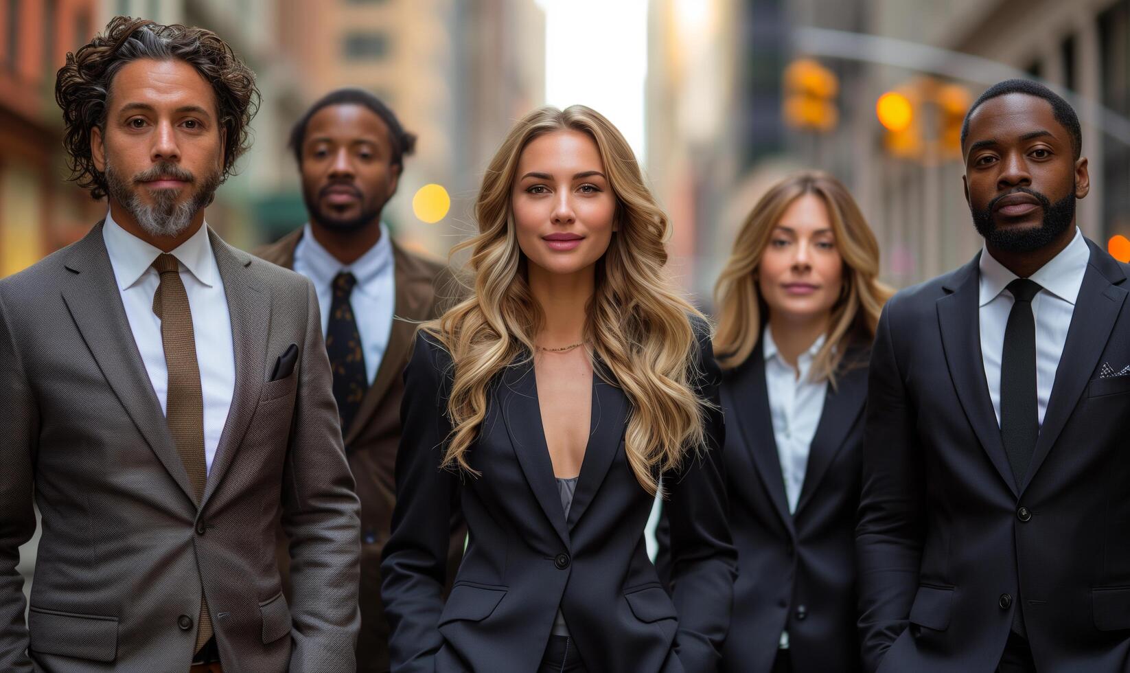 A team of interracial business people in suits walking among business buildings in urban city photo