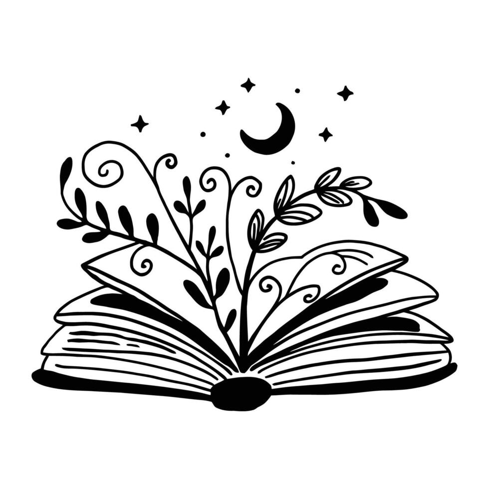 Magical Book with Plants and Moon Illustration vector