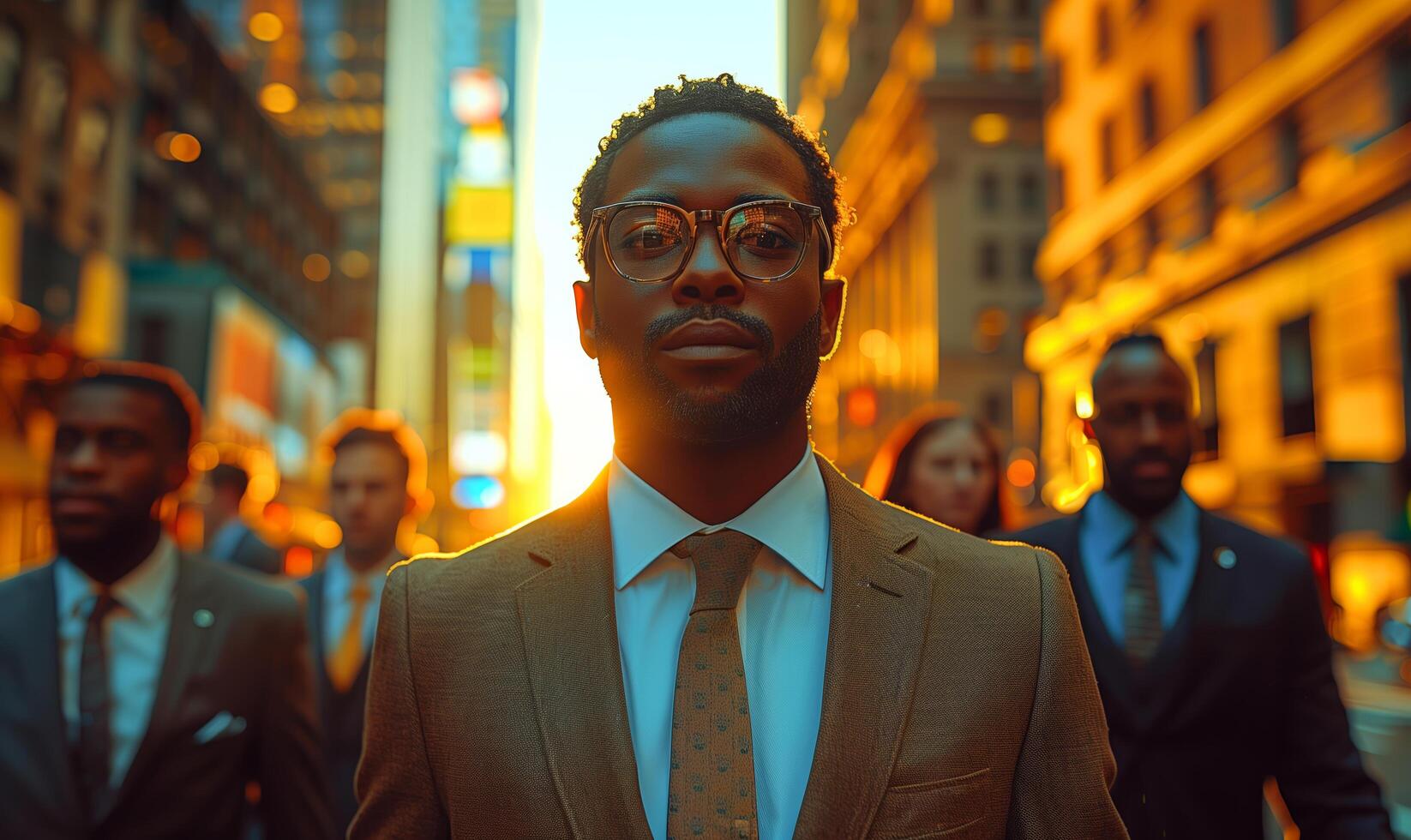Portrait of African American mature businessman in suit among crowd of business people in urban city photo