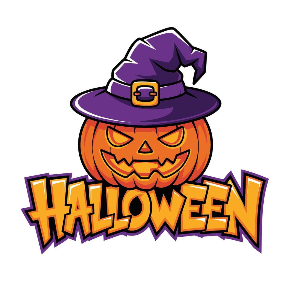 halloween typography pumpkin with witch hat illustration vector