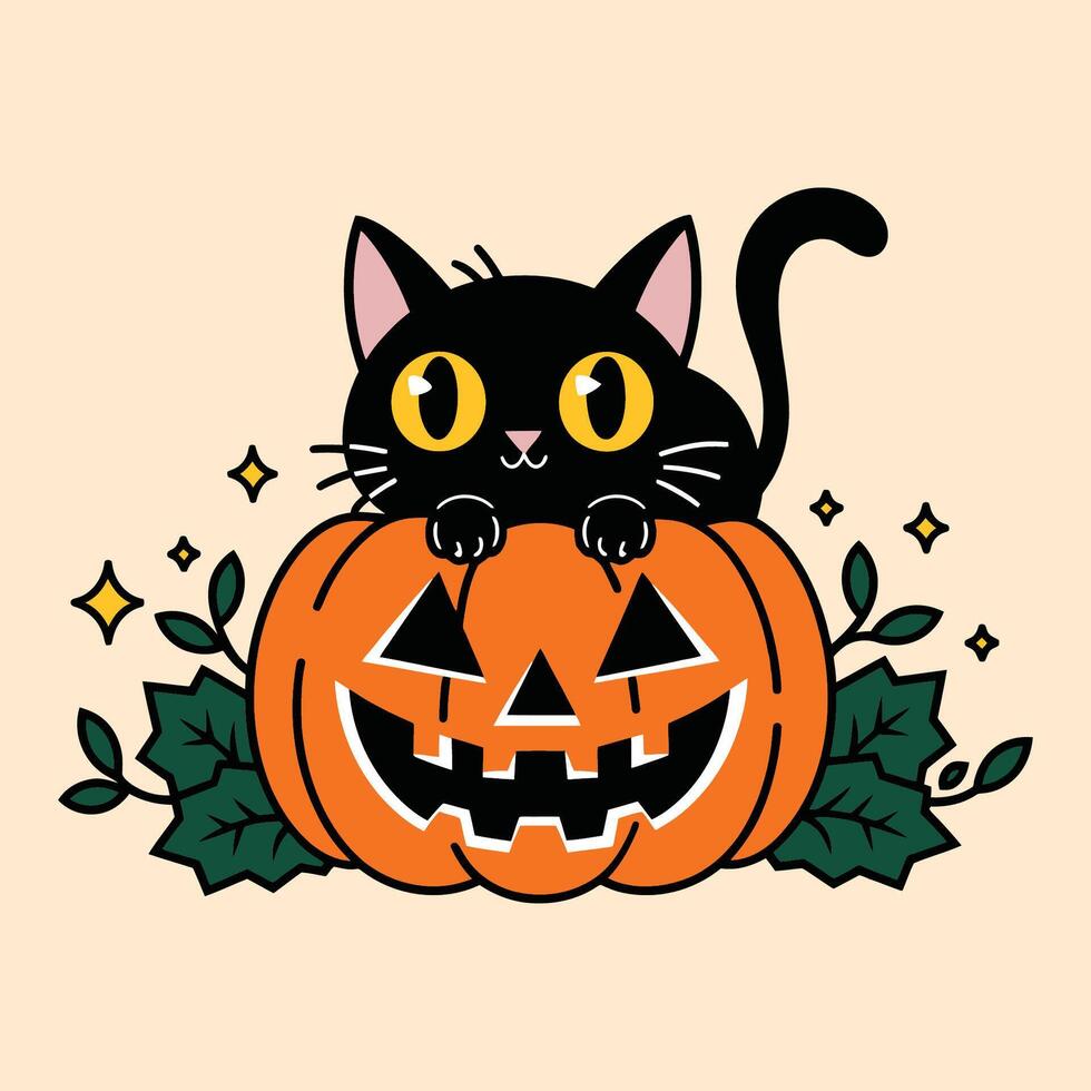 Black cat peeking out of jack-o'-lantern vector