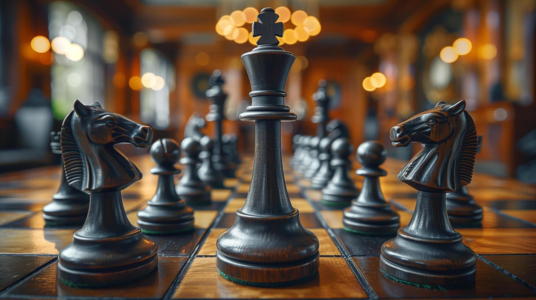 Chess on chess board game for business metaphor leadership concept select focus on king chess in vintage room photo