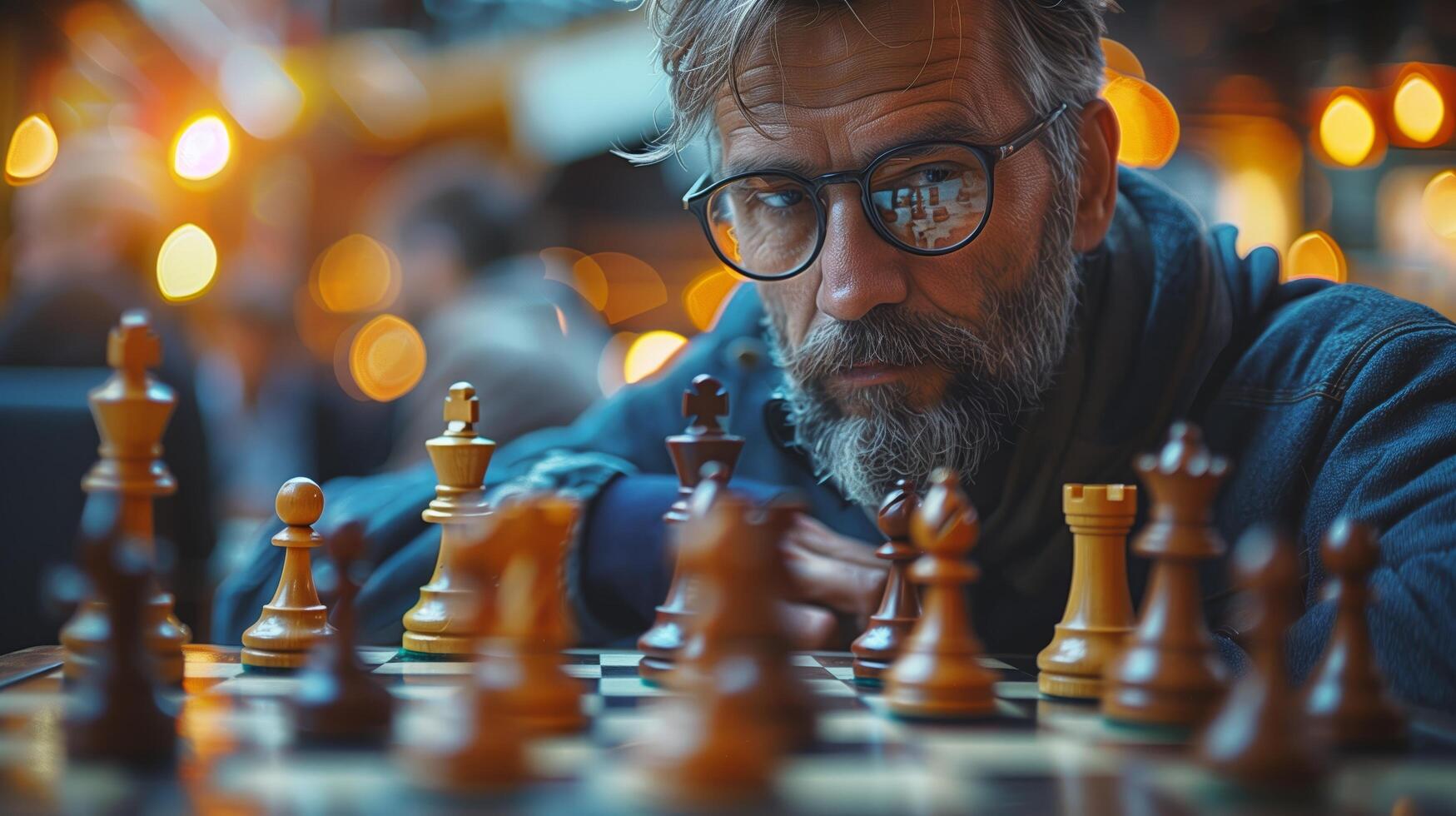 Portrait of a bearded senior man thinking about game strategy and competing in a chess tournament photo