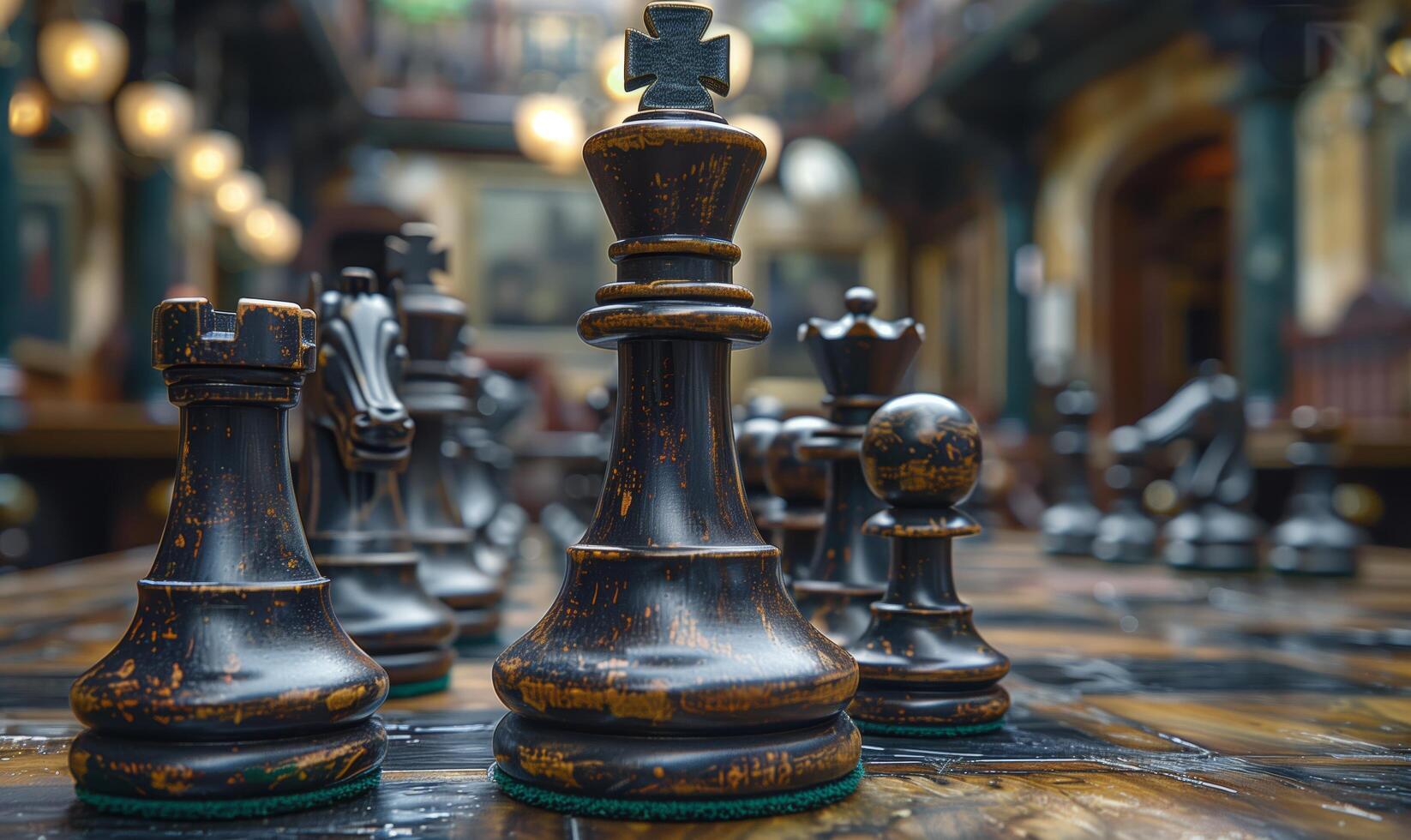 Chess on chess board game for business metaphor leadership concept select focus on king chess in vintage room photo