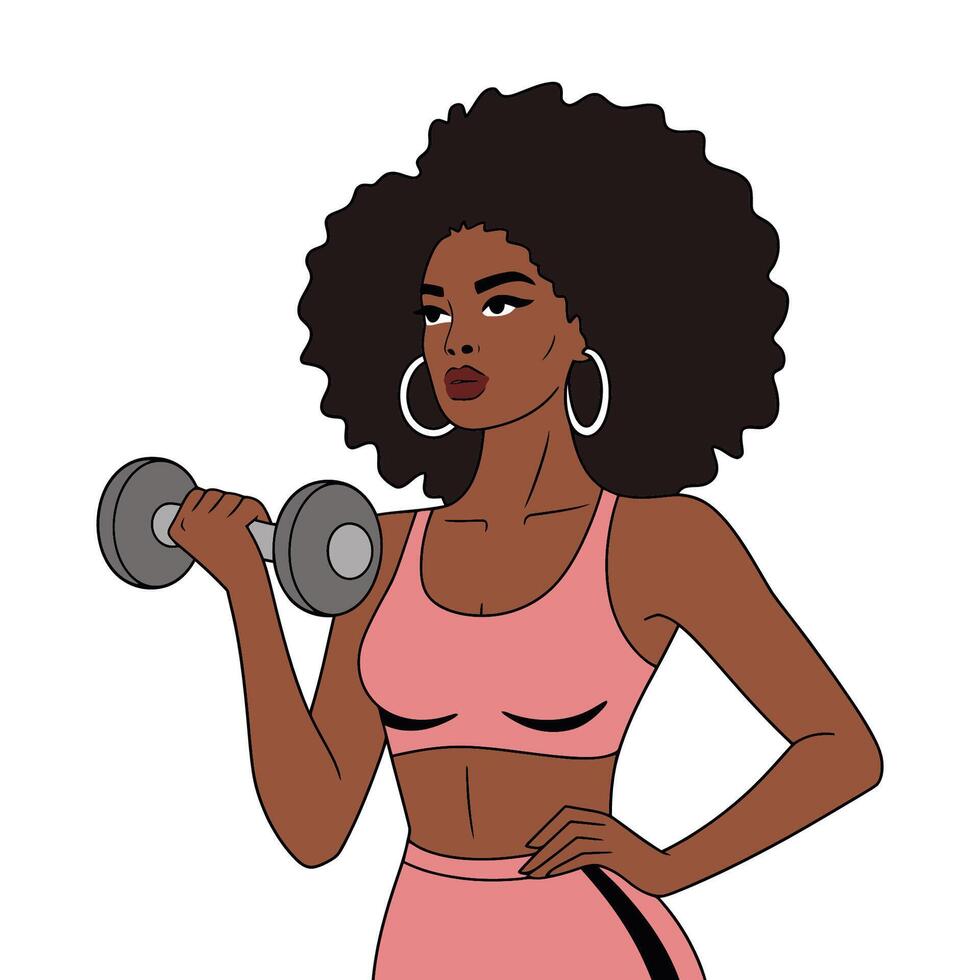 Afro black woman with exercising with dumbbells vector