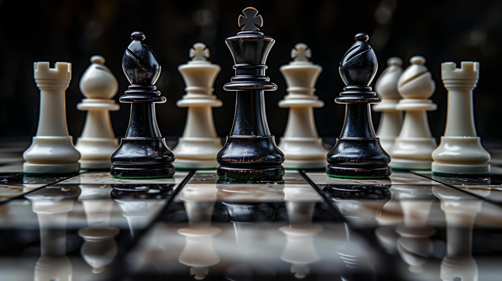 The set of chess pieces element, king and queen standing on chessboard on dark background, vertical style. photo