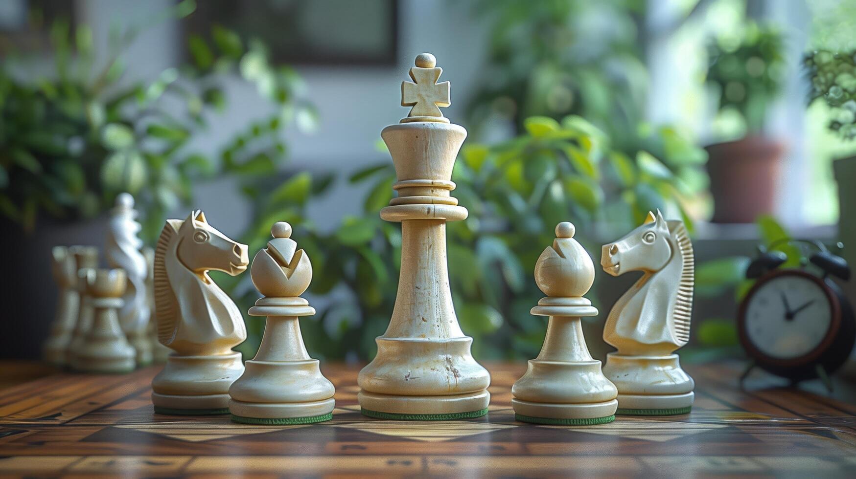 Chess on chess board game for business metaphor leadership concept select focus on king chess in vintage room photo