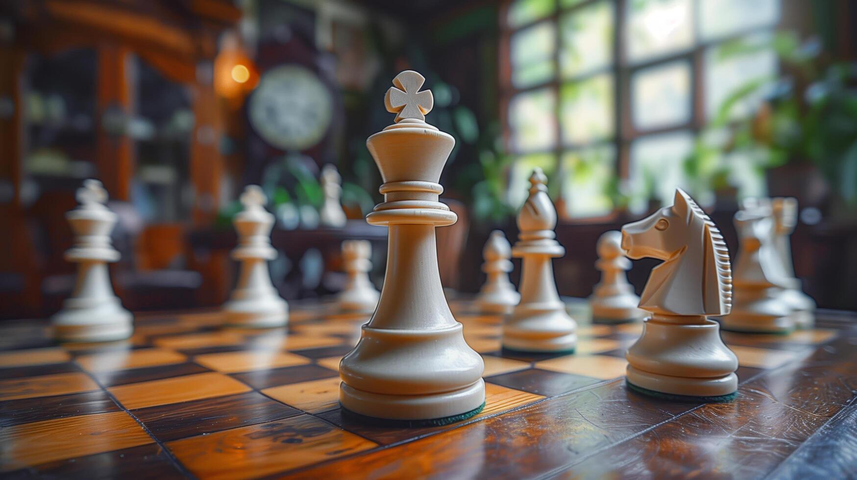 Chess on chess board game for business metaphor leadership concept select focus on king chess in vintage room photo