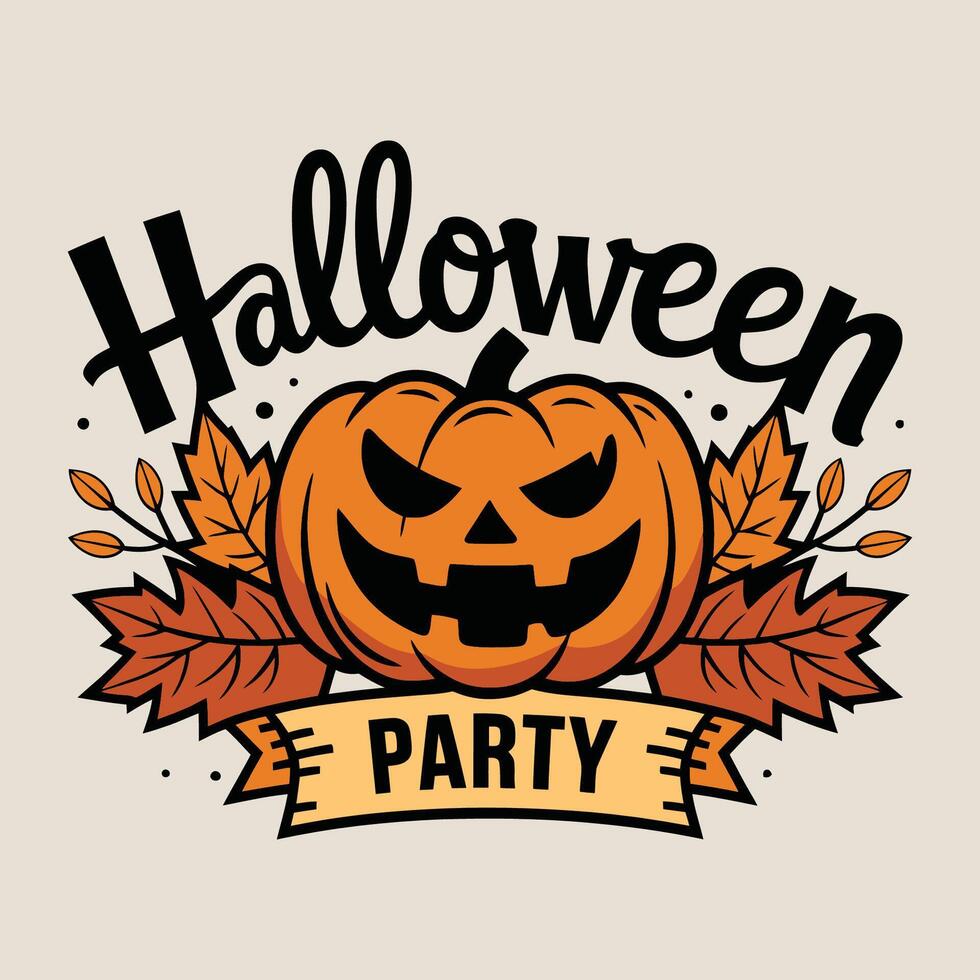 Halloween party badge decorated with pumpkin and leaves illustration vector