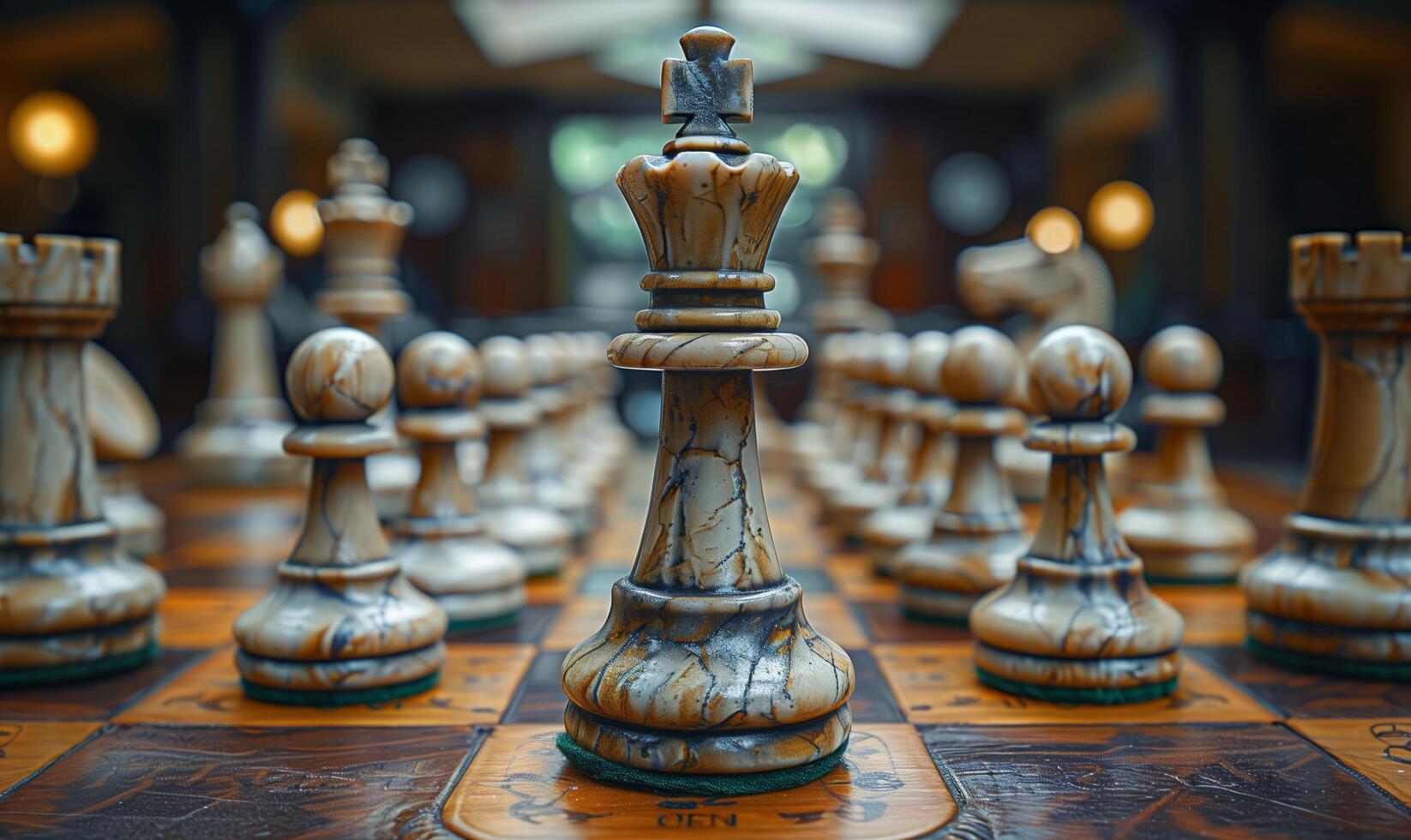 Chess on chess board game for business metaphor leadership concept select focus on king chess in vintage room photo