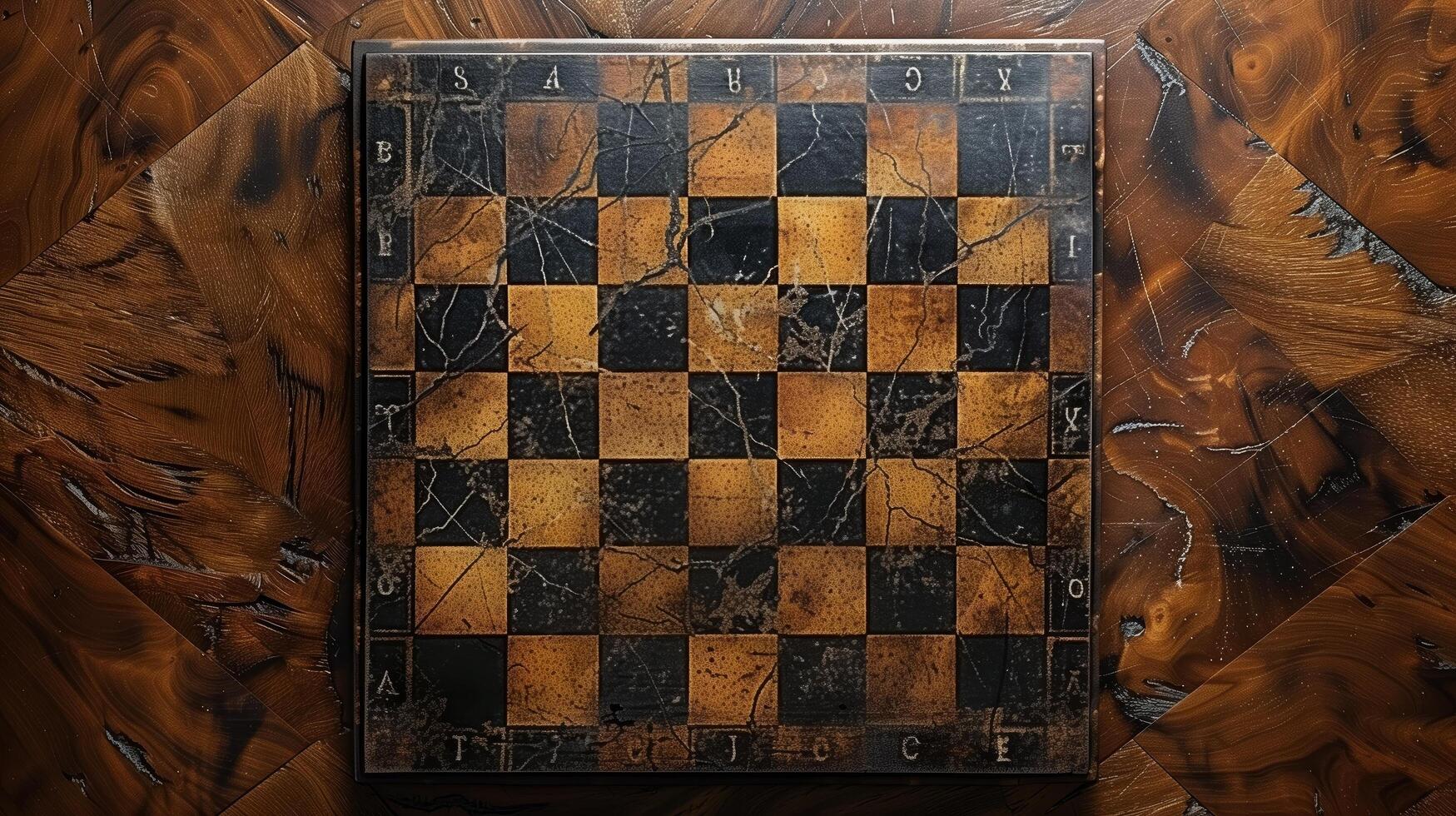 Old chess board standing on stone background with copy space, competition concept, top view photo