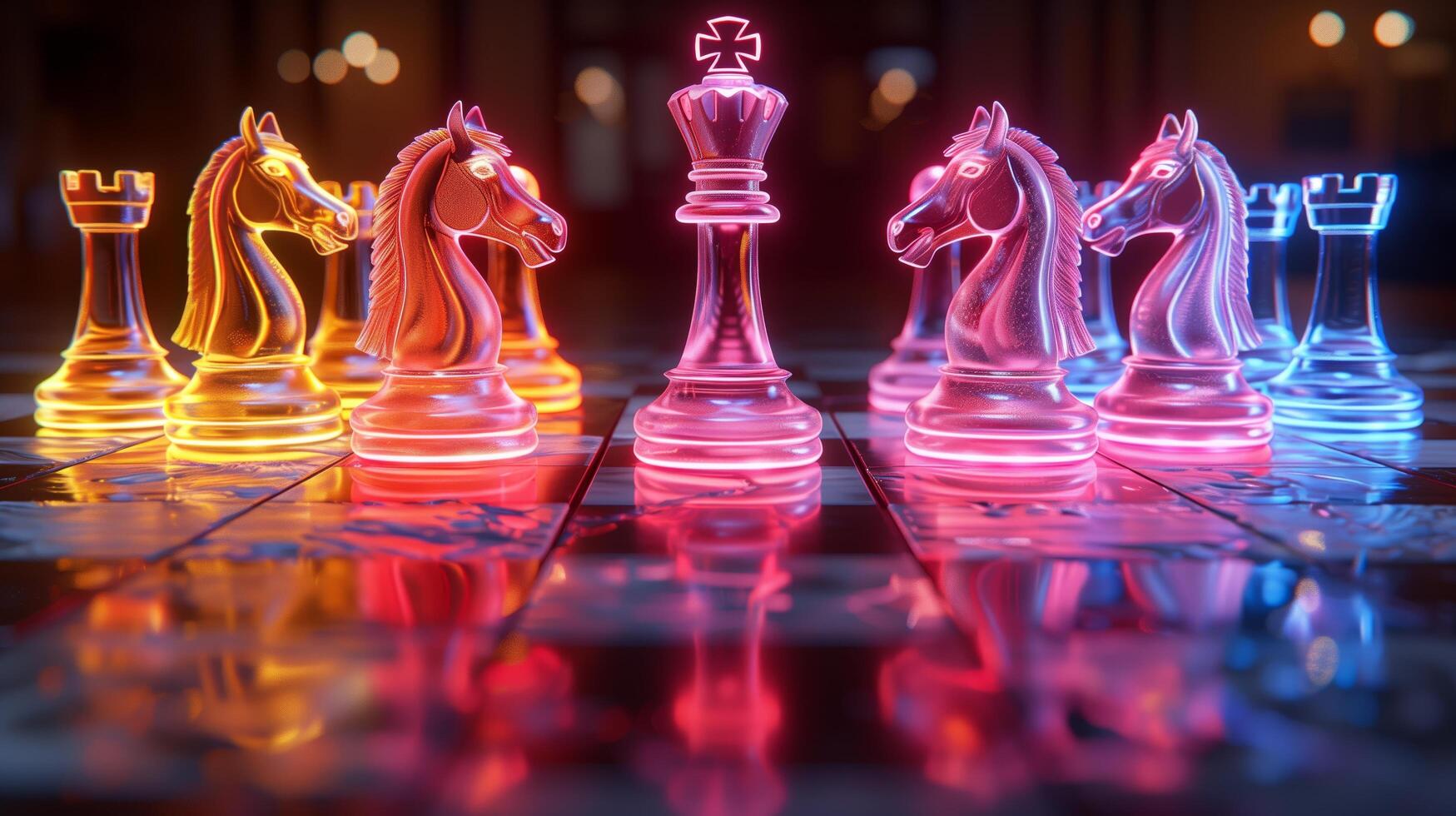 Chess pieces on a chessboard on a dark background with smoke bokeh, shot in neon pink-blue colors photo