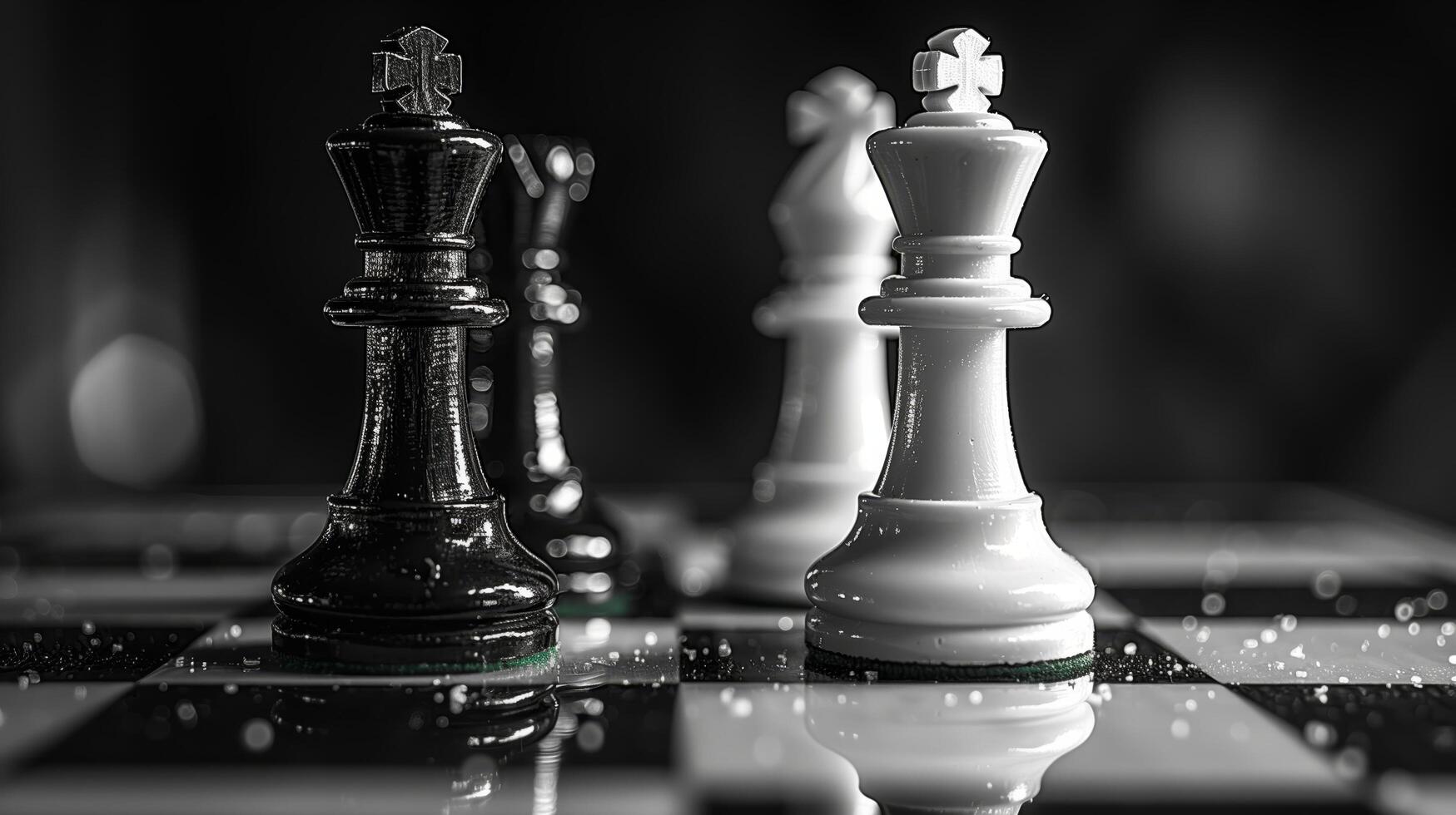 The set of chess pieces element standing on chessboard on dark background photo