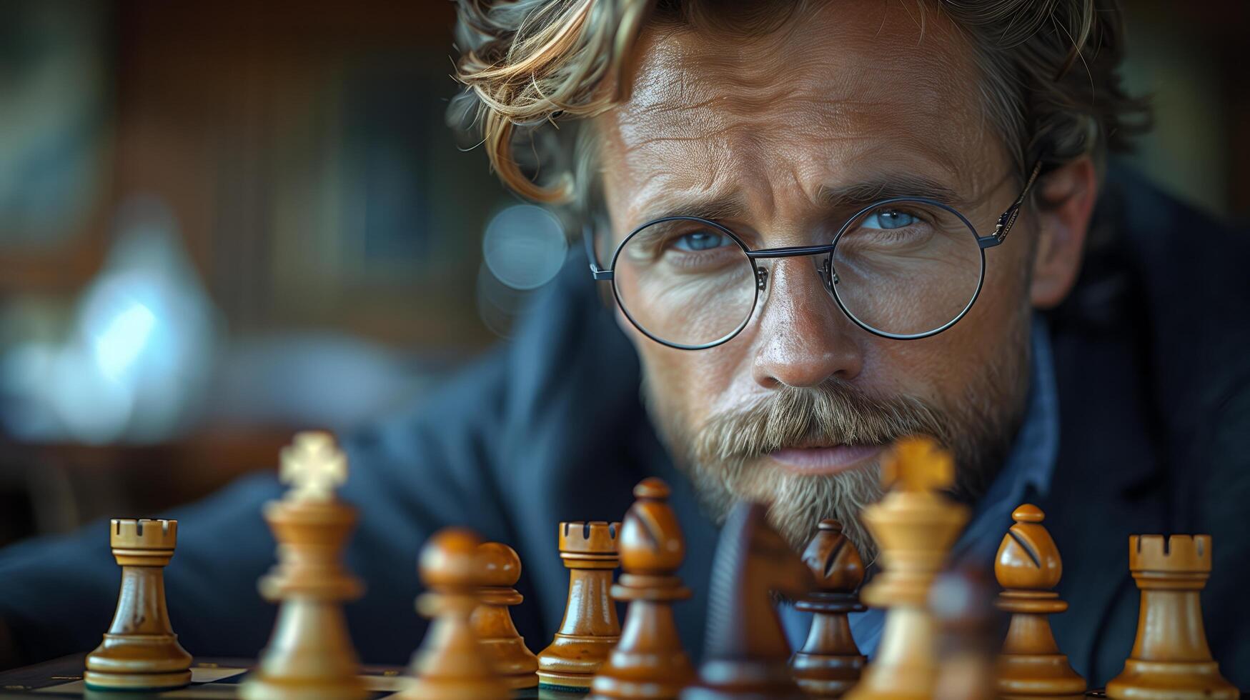 Portrait of a bearded man thinking about game strategy and competing in a chess tournament photo