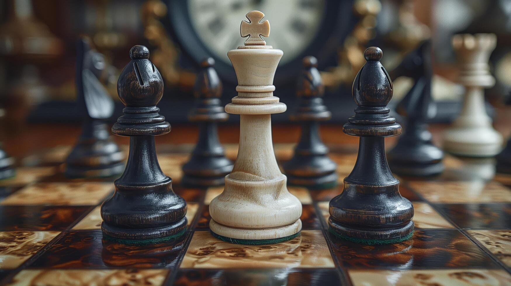 Chess on chess board game for business metaphor leadership concept select focus on king chess in vintage room photo