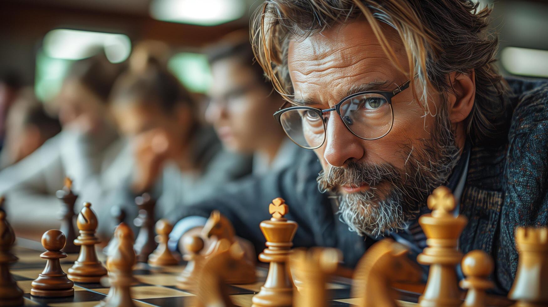 Portrait of a bearded senior man thinking about game strategy and competing in a chess tournament photo