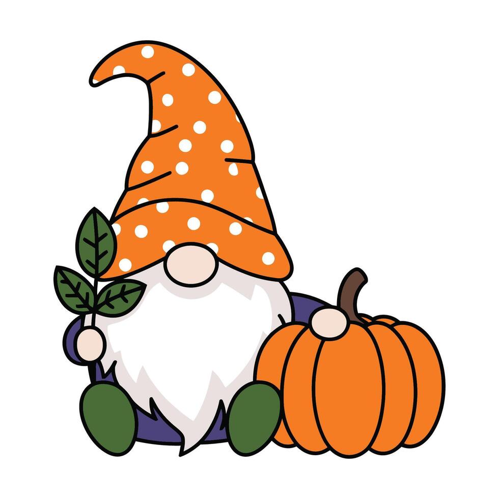 Cute gnome with pumpkin and leaf cartoon illustration vector