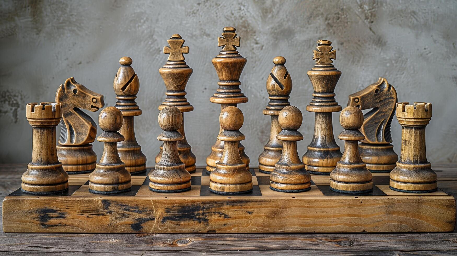 Chess set standing on stone background with copy space photo