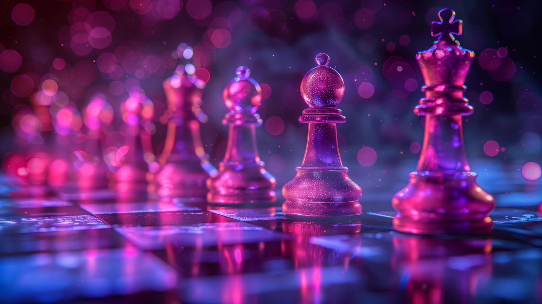 Chess pieces on a chessboard on a dark background with smoke bokeh, shot in neon pink-blue colors photo