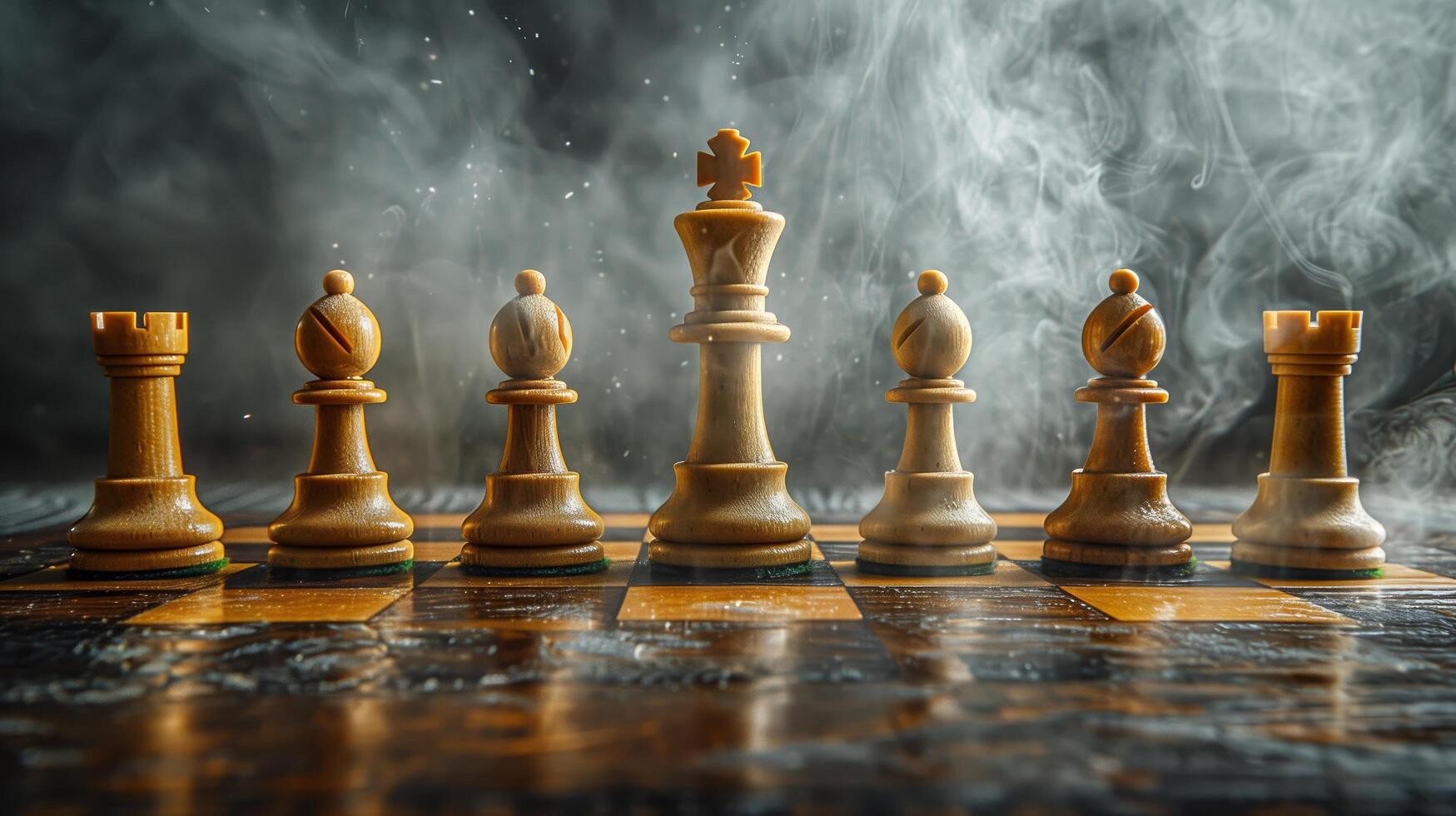 Chess set standing on smoke background with copy space photo