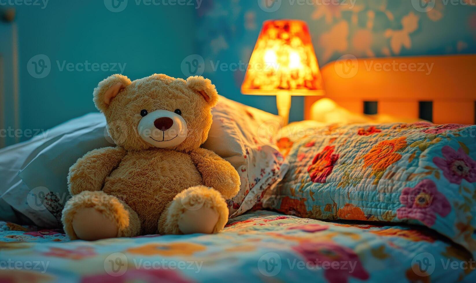 Teddy bear nestled in soft pillows photo