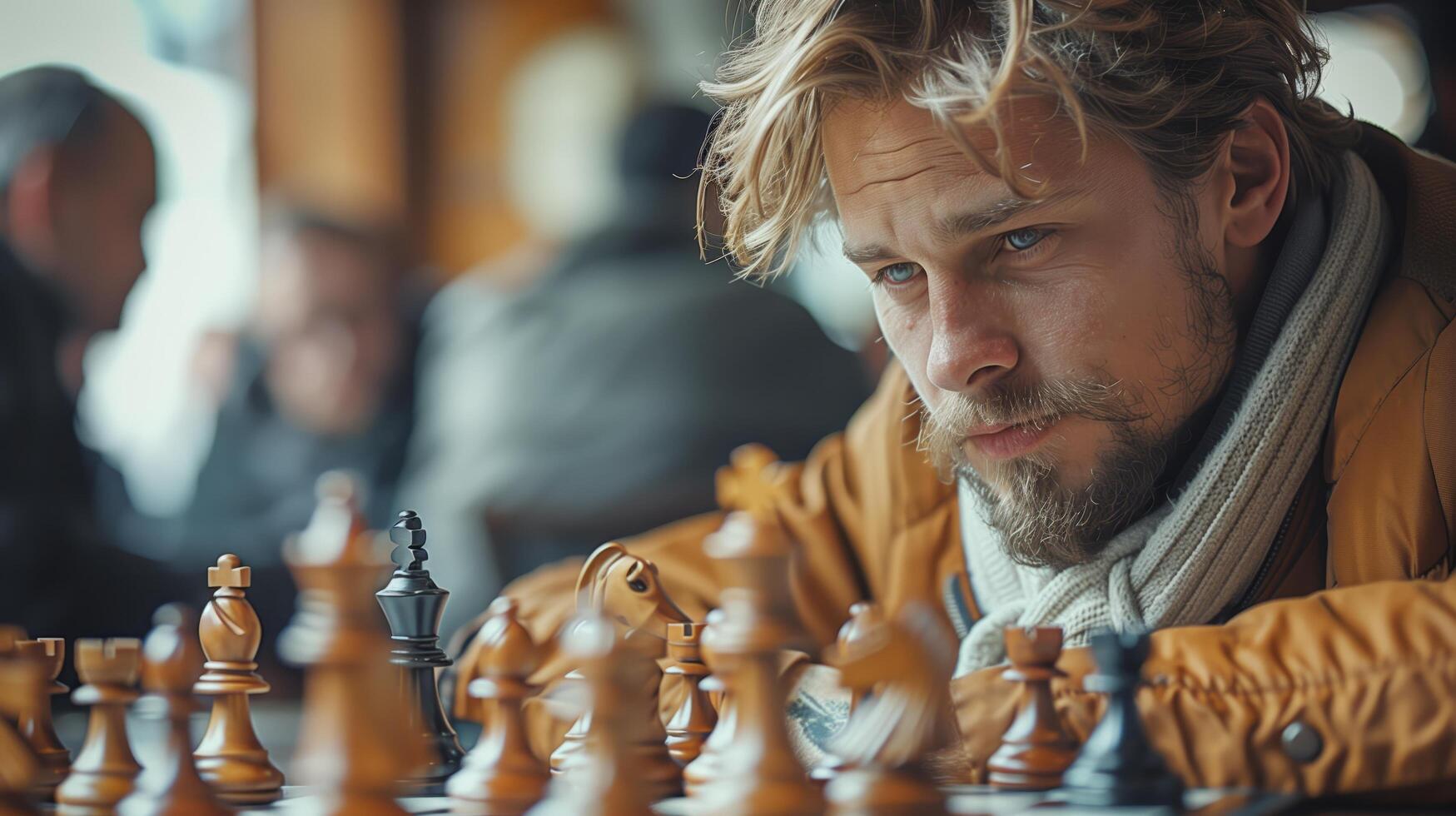 Portrait of a bearded young man competing in a championship chess tournament photo