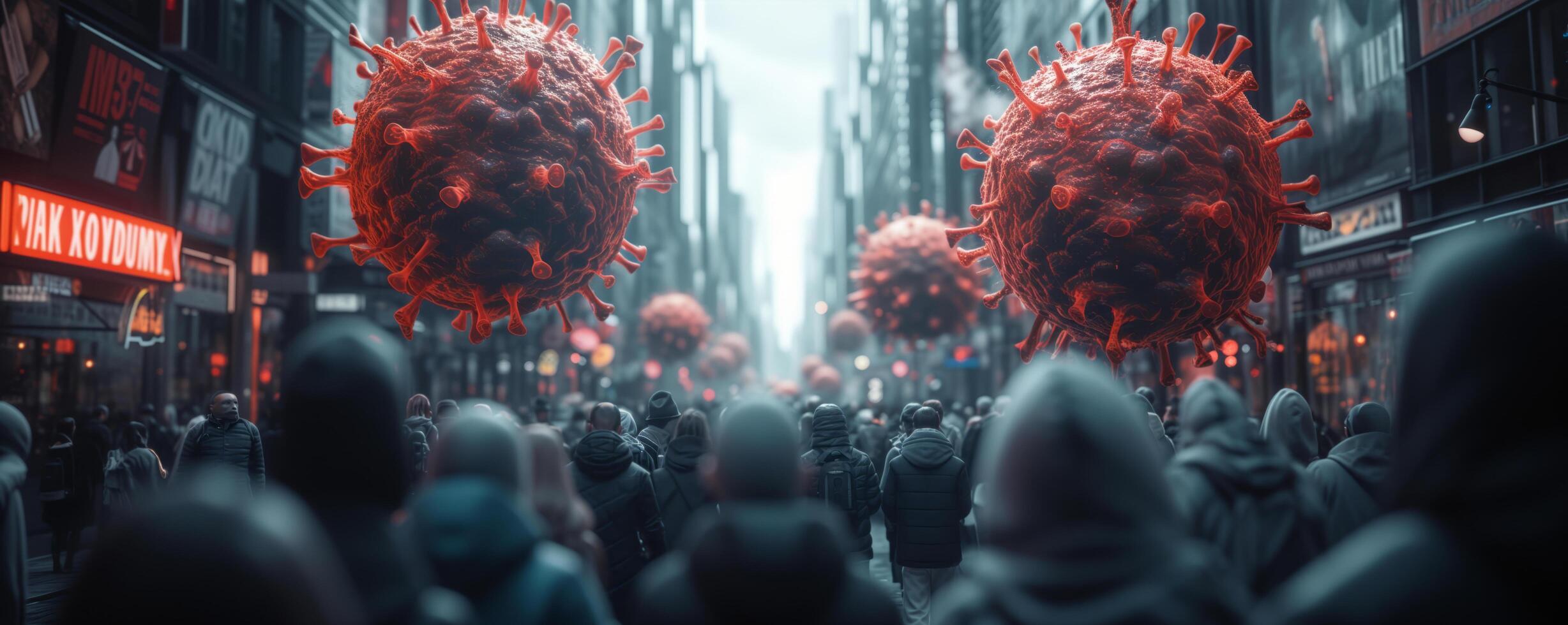 Frightened crowd of people in panic amid explosion of new Virus X or Disease X on street of metropolis - back view photo