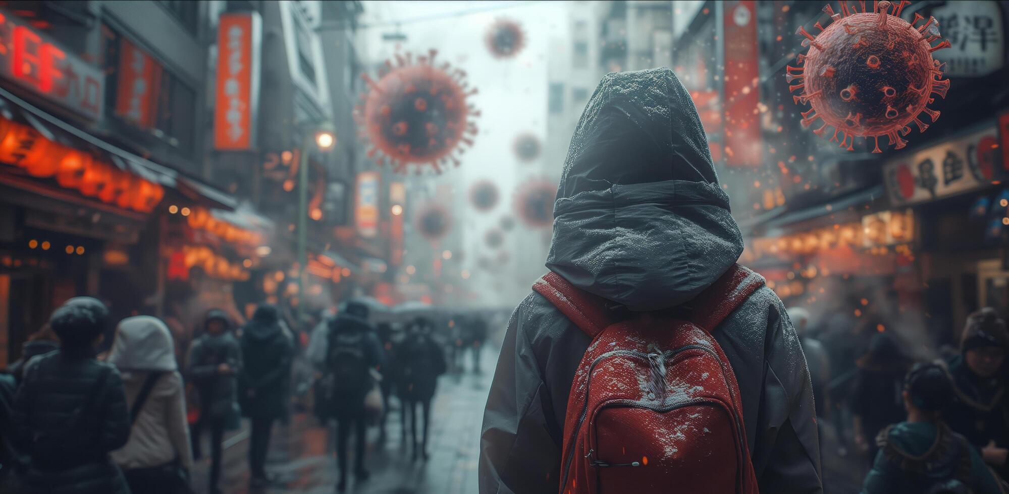Frightened crowd of people in panic amid explosion of new Virus X or Disease X on street of metropolis - back view photo