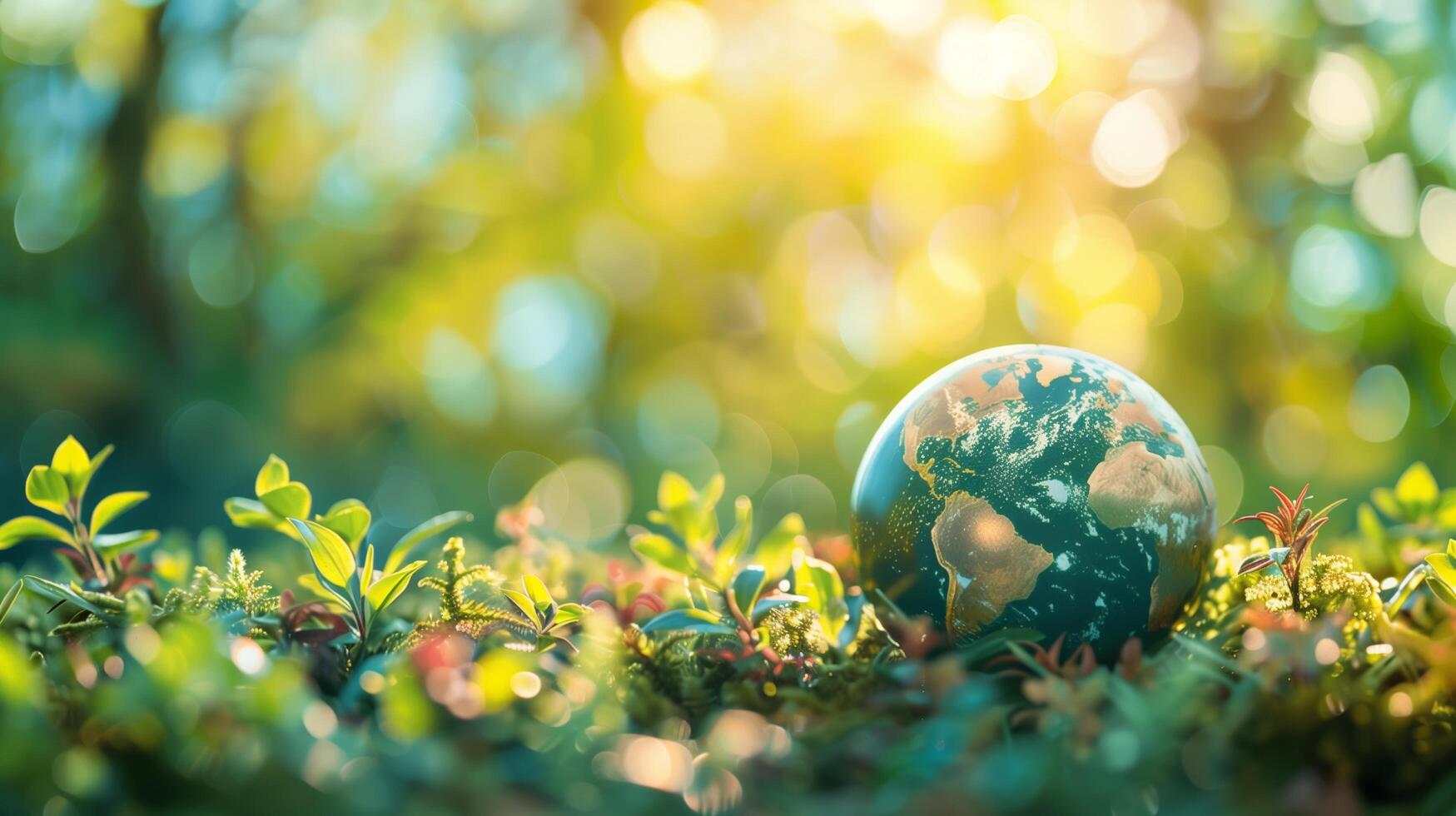 Real planet globe resting on moss in a forest - environment concept photo