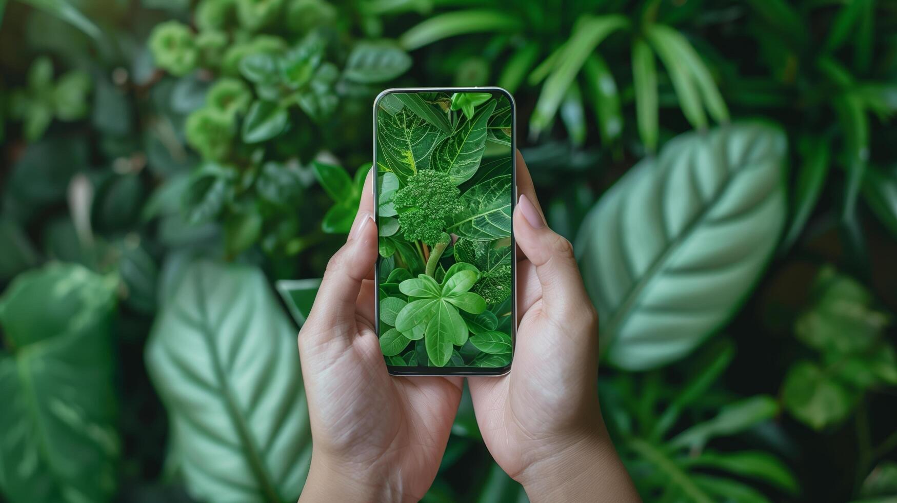 Female hands holding smartphone on green palm leaves background, top view, copy space photo