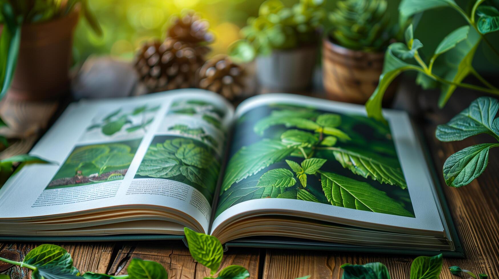 Botany book on table among green leaves, earth conservation concept photo