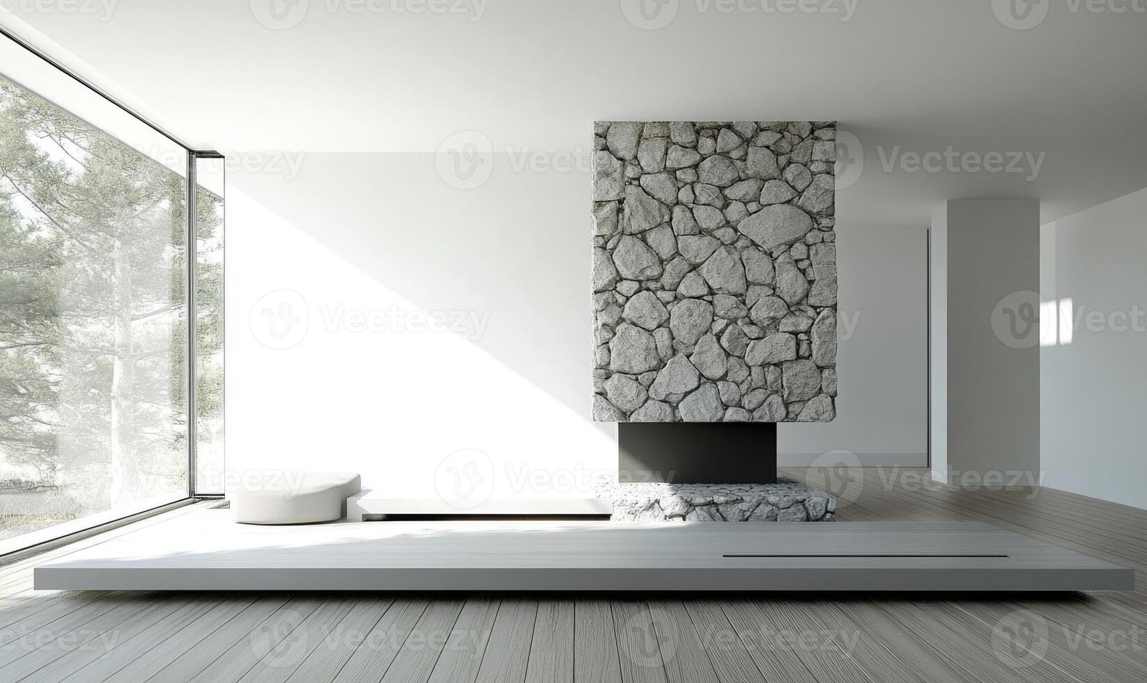 Simple minimalist interior with black fireplace photo