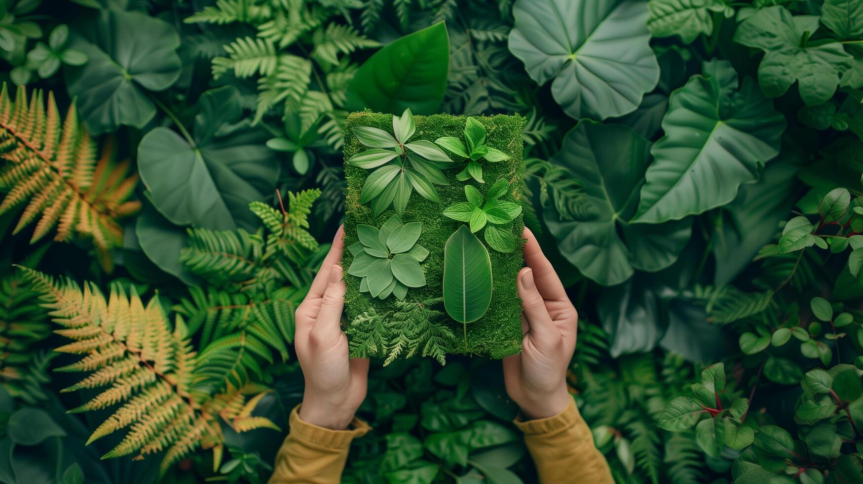 Female hands holding a botany book among green leaves, earth conservation concept photo