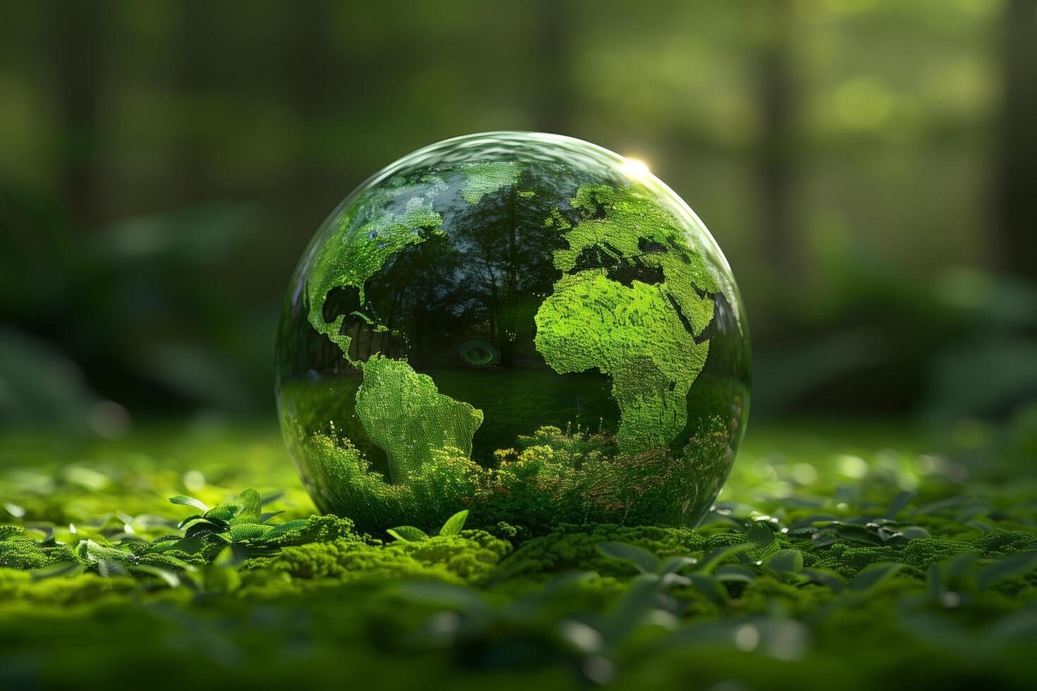 crystal globe resting on moss in a forest - environment concept photo