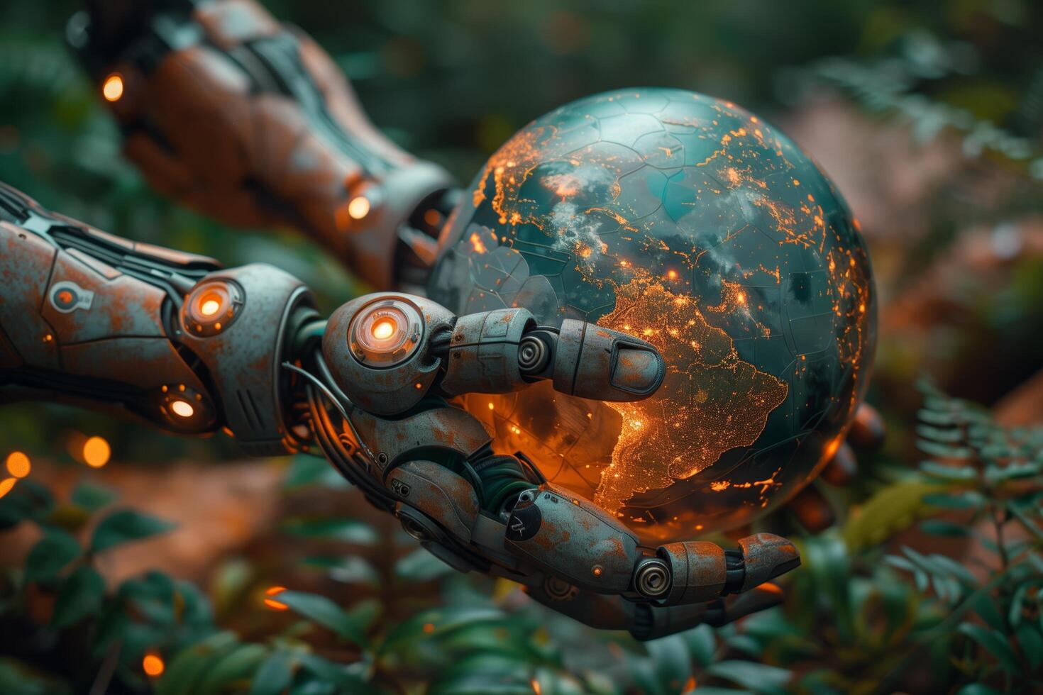 Robot hands holding realistic Earth model, symbolizing environmental care and global unity on ground earth and plant background photo