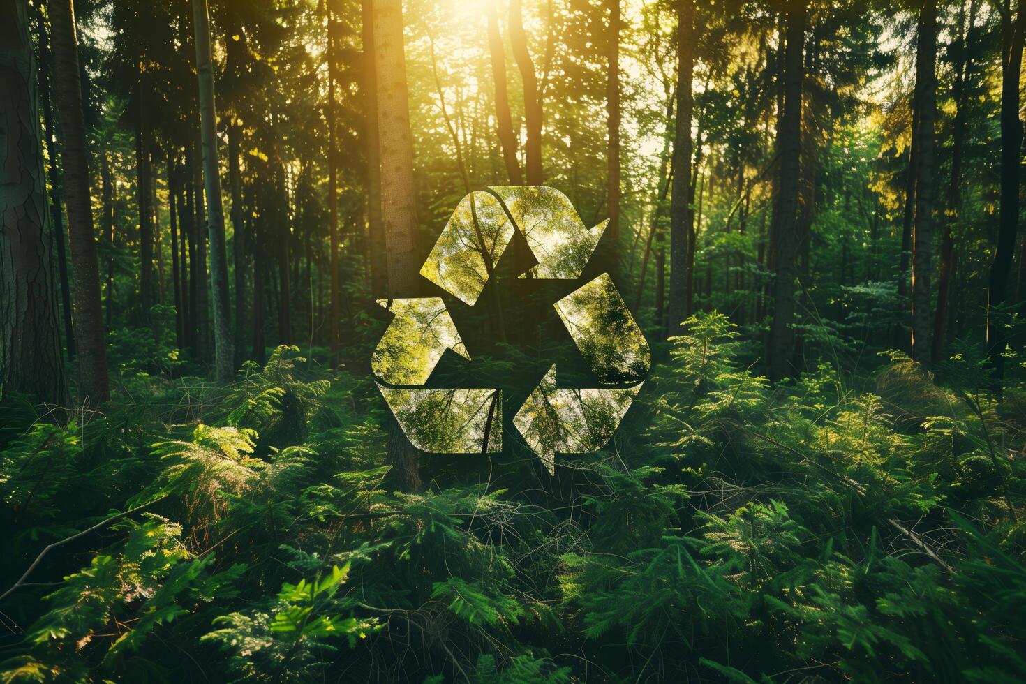Recycling sign on the background of a green forest with tall large trees, sunlight photo