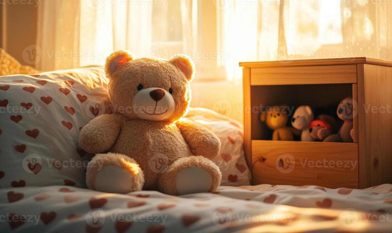 Plush bear leaning against pillow, heart-patterned sheets photo