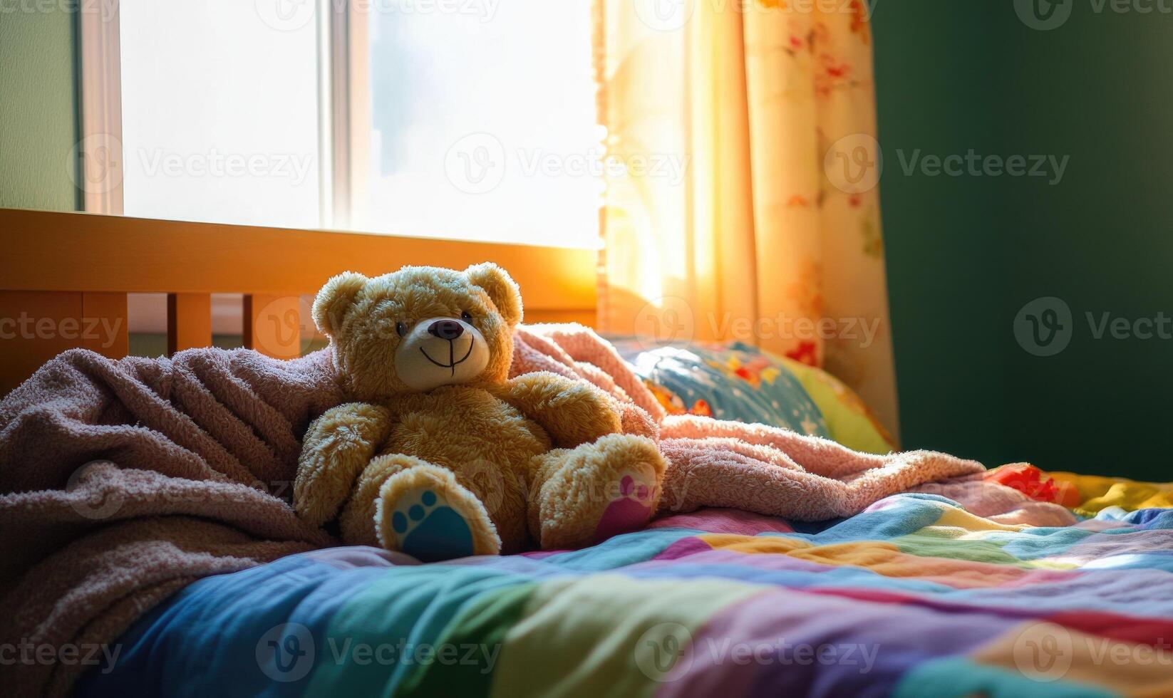 Plush bear nestled in blankets, rainbow-themed bedding, soft green walls photo
