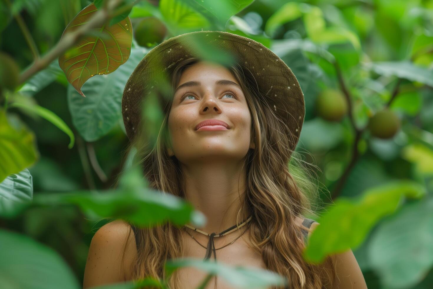 Woman traveler in the jungle in a thicket of tropical plants looking up in surprise photo