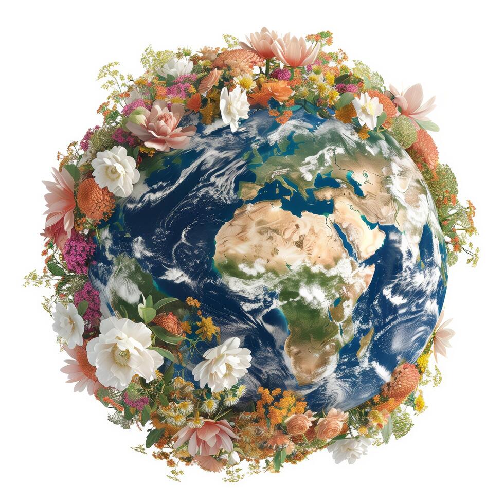 3d illustration of the planet Earth, with a big bouquet of flowers coming out from behind it on the white background photo