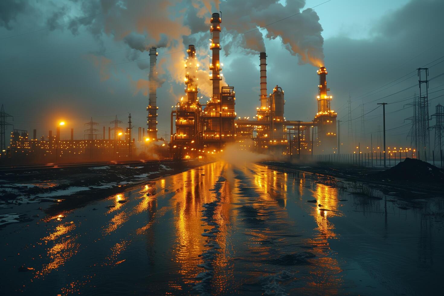Heavy industry pollutes factory ecology catastrophe. Dirty air smog. photo