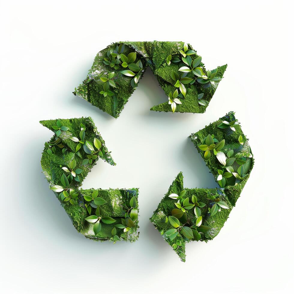 Arrows pointing to green recycle symbol on a white background, curvilinear shapes, associated press photo