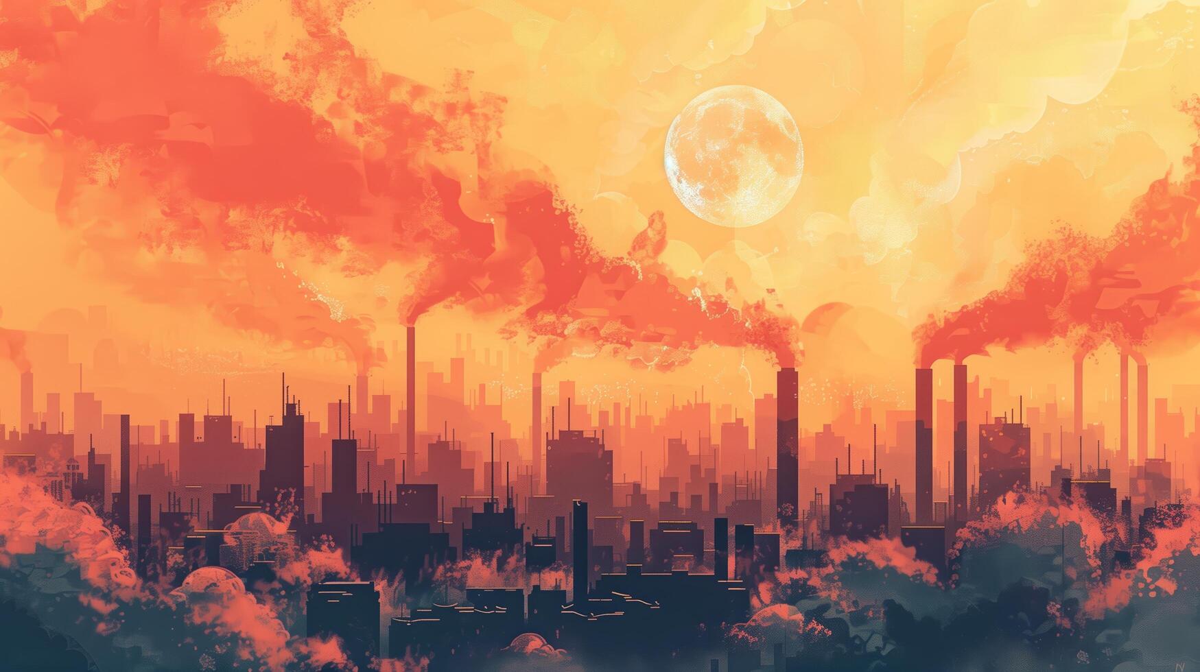 Illustration Industry metallurgical plant dawn smoke smog emissions bad ecology photo